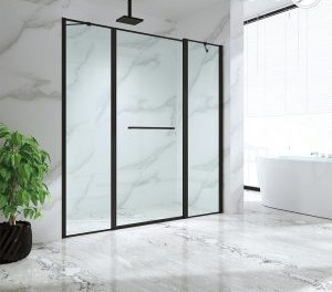 מקלחון חזית עם מתלה מגבת על הדלת בגימור שחור