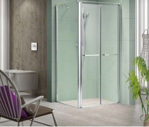 מקלחון פינתי קבוע+2 דלתות כנף בגימור ניקל